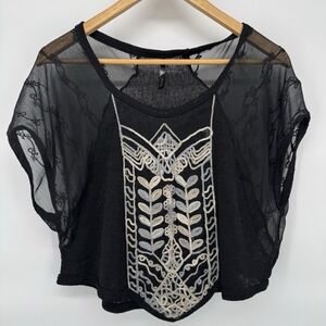 Indie Boho Sheer Embroidered Festival Top L Folk Witchy Mesh Cropped Layering